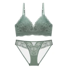 Кружевные тонкие чашки беспроводной бюстгальтер и трусики наборы винтажное кружевное цветочное бесшовное нижнее белье набор сексуальное нижнее белье с глубоким v-образным вырезом для женщин