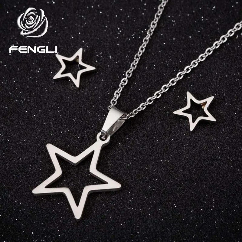 FENGLI Stainless Steel Star Necklace Women Jewelry Sets Bijoux Delicate Geometric Pendants Small Stud Earrings Accessories | Украшения и