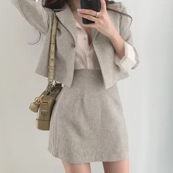 

Bornladies 2020 Korean Skirt Suits Full Sleeve Short Blazer Coat + Slim High Waist Skirts Mini Solid Slim Vintage 2 Pieces Set