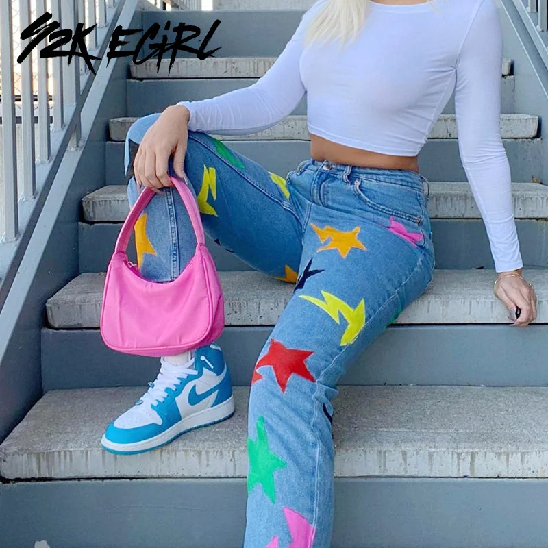 

Y2K EGIRL 90s Fashion Colorful Printing Moms Jeans Vintage Streetwear Star Pattern Mid Waist Denim Long Trousers Casual Pants