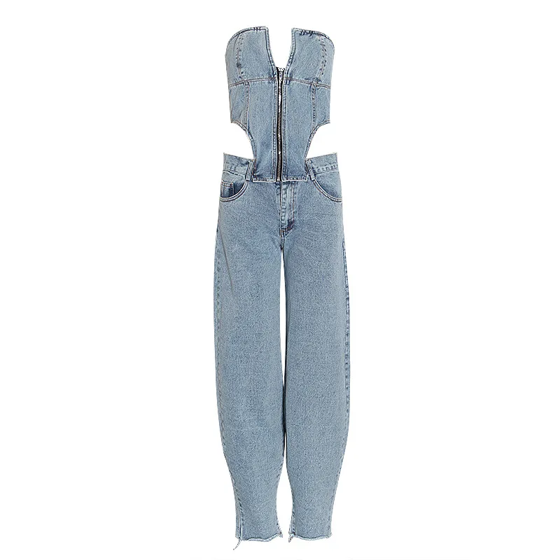 Однотонное джинсовое модное боди для женщин, juimpsuit para mujer,, на тонких бретельках, с вырезами, сексуальное, длинное, Romerps, для девушек