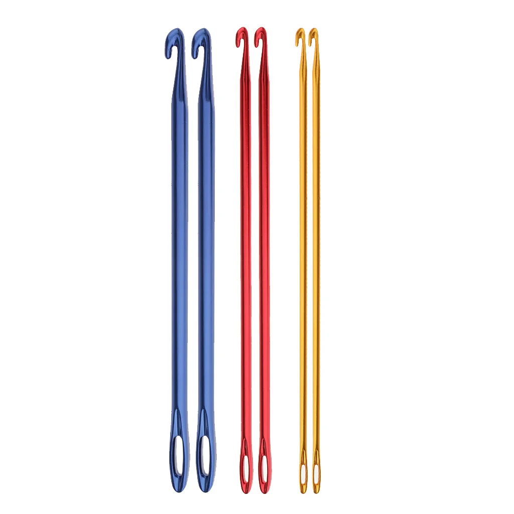 6Pcs Afghan Aluminium Crochet Hook Knitting Needle Hand Knit Tool With Threading Hole