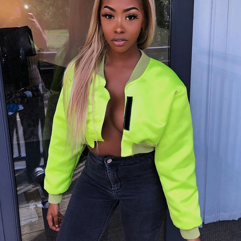 

Women Jacket Fashion Neon Crop Top Spring Autumn Long Sleeve Coat Vintage Velcro Tape Sport Jacket Tops Streetwear Clothes
