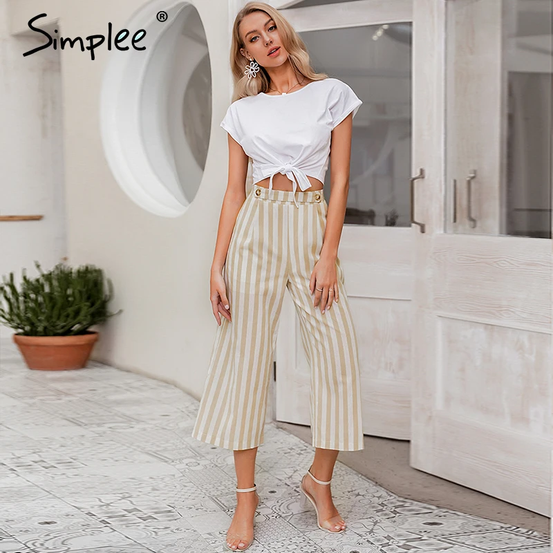Simplee Casual striped wide leg pants women Spring summer high waist trousers Chic streetwear buttons holiday office female pant Simplee Casual striped wide leg pants women Spring summer high waist trousers Chic streetwear buttons holiday office female pant