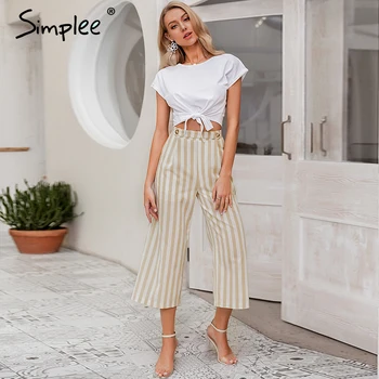 

Simplee Casual striped wide leg pants women Spring summer high waist trousers Chic streetwear buttons holiday office female pant