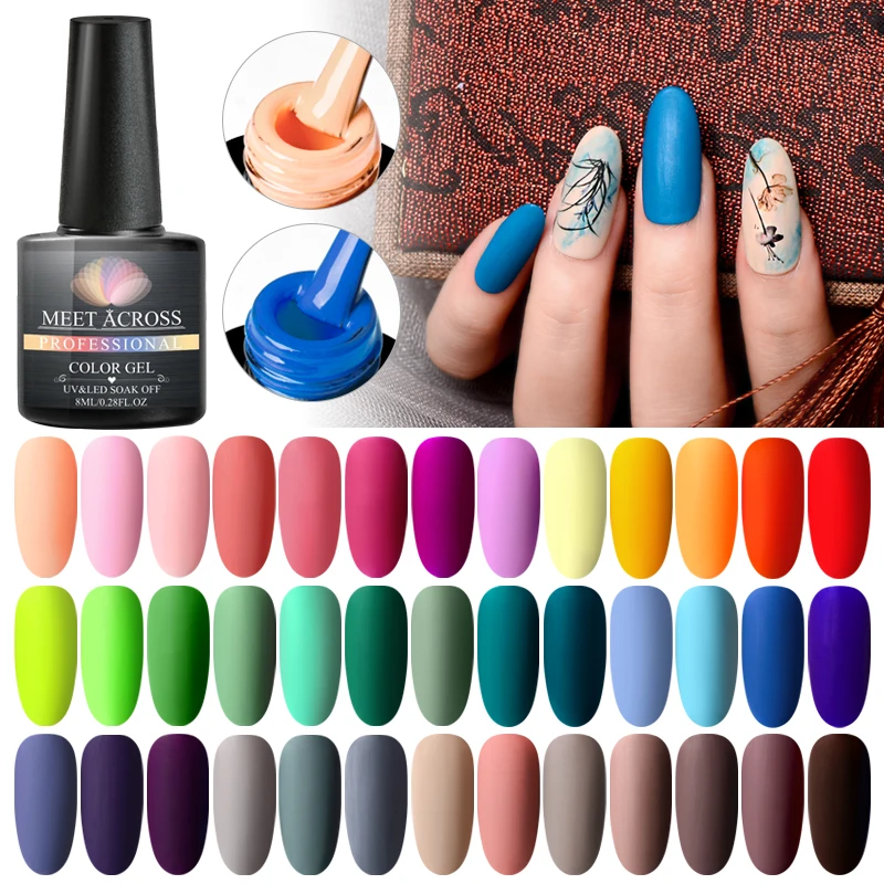 

MEET ACROSS 8ml Pure Nail Color With Matte Top Coat Soak Off Nail Art Gel Varnish Lacquer Manicure Matte UV Gel Nail Polish