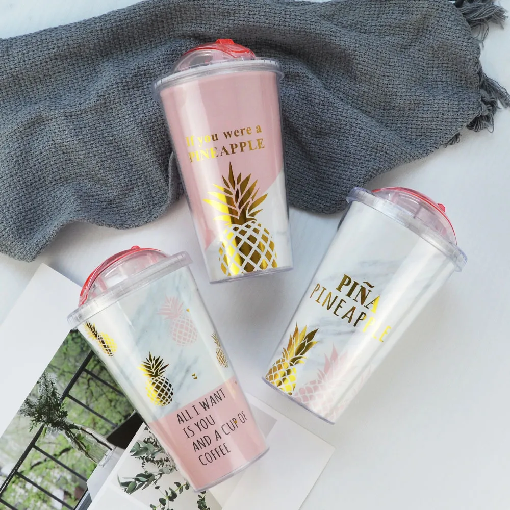 Розовый ананас кофейные кружки BPA бесплатно пластиковая бутылка для воды для путешествий Кружка портативный чай молоко сок чашка с стакан с соломинкой 420 мл 1 шт