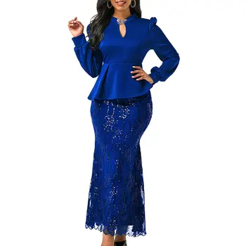 

Vintage Women Sequined Dresses Embellished Long Sleeve Peplum Dress Office Lady Chic Elegant Plus Size Formal Party Vestidos