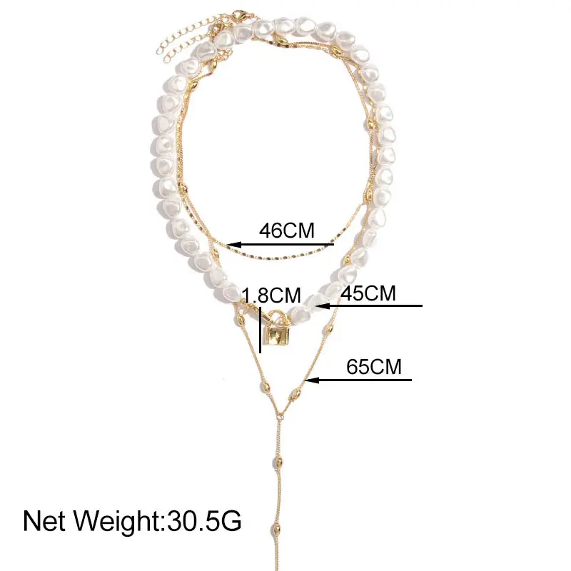 JUST FEEL 3Pcs/Set Punk Multi Layer Imitation Pearl Choker Necklace Collar Boho Lock Penadnt Long Chain Necklace Women Jewelry