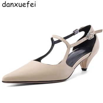 

Women's genuine leather slip-on high heel sandals pointed toe elegant ladies med heel comfortable summer dress shoes for women