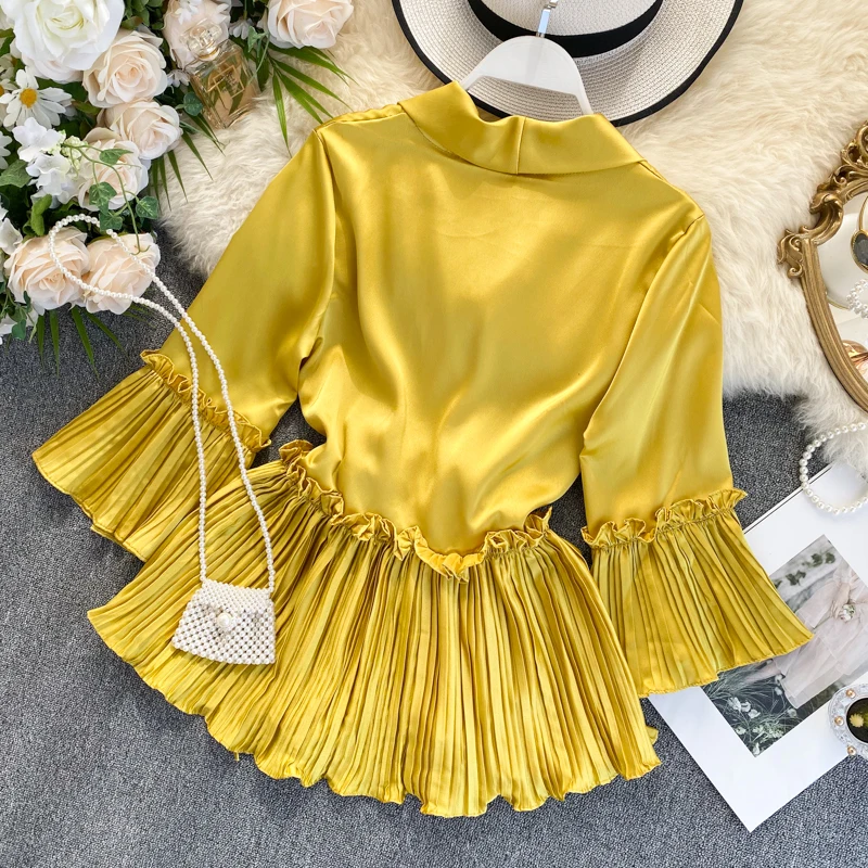 

Chicv Collar Bell Sleeve Waist Hugging Lace-up Pleated Ruffles Shirt Top for Women Blouse Draped Shirt Tops