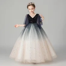 Платье с цветочным узором для девочек со звездным небом; бальное платье с блестками и v-образным вырезом; вечернее платье для выступлений; детская одежда; MQ001