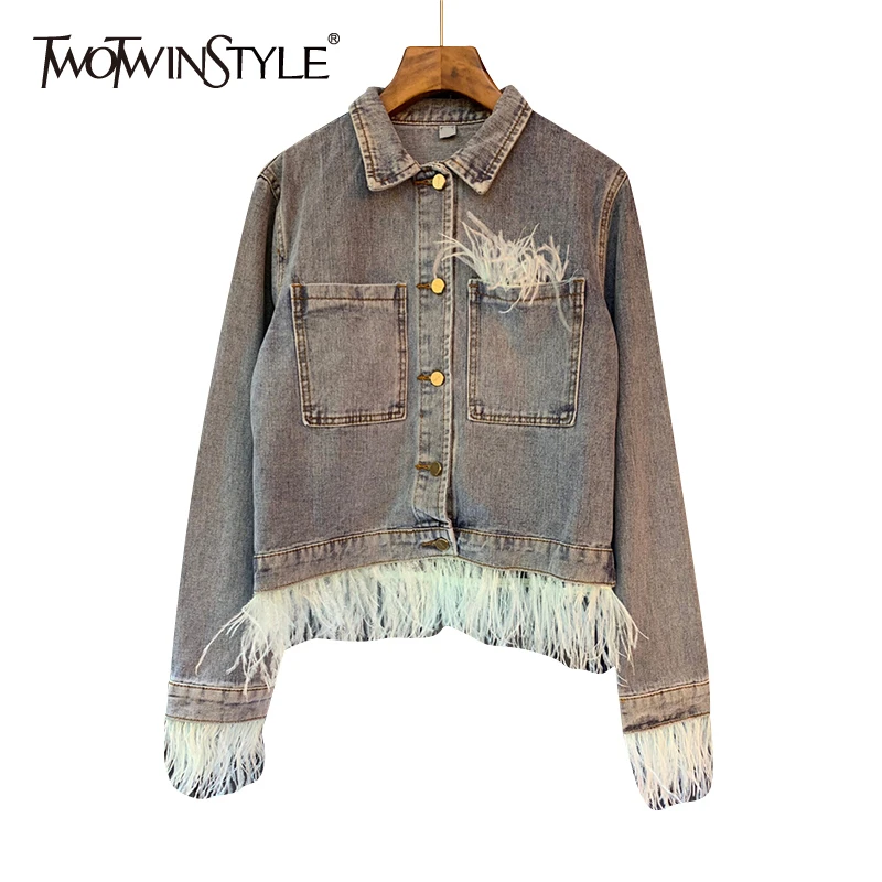 TWOTWINSTYLE уличная Лоскутная Женская джинсовая куртка с кисточками воротник