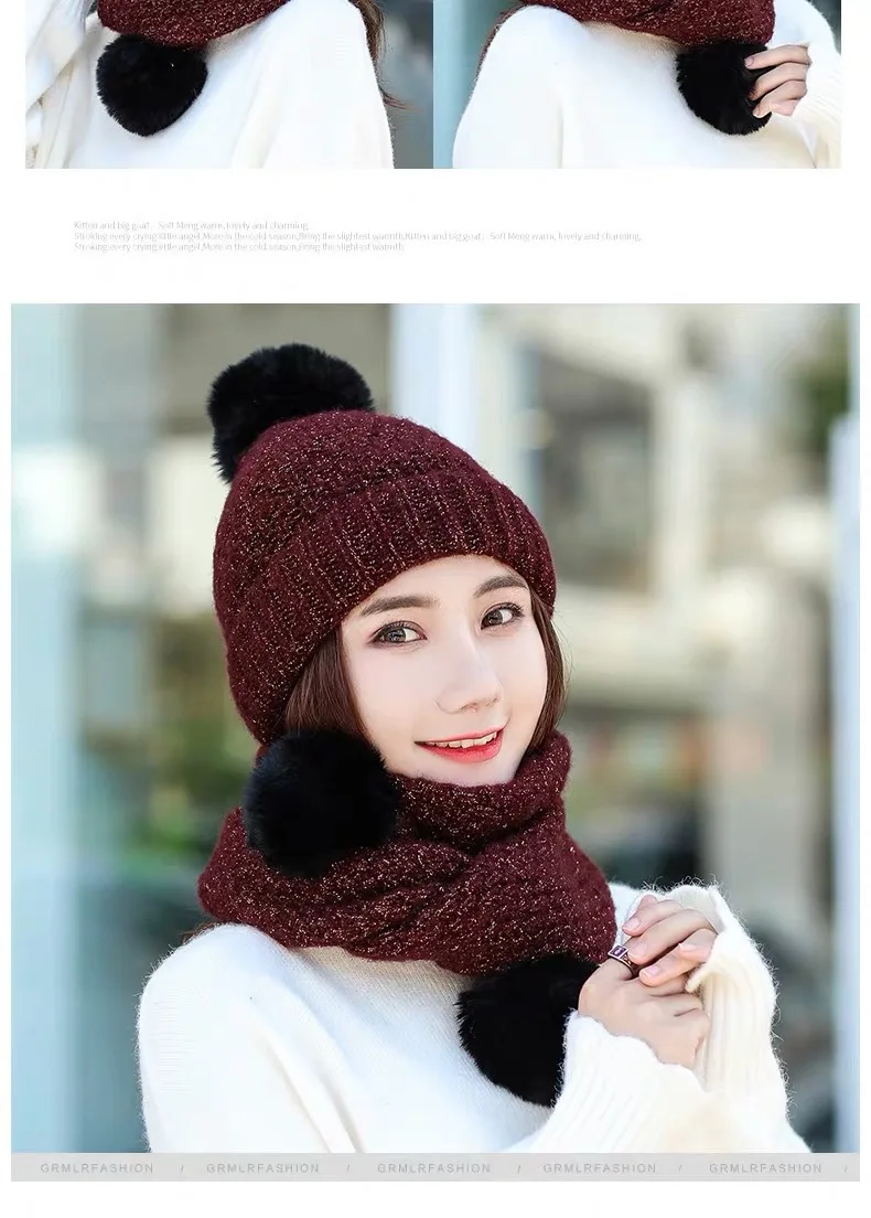 Женская зимняя вязаная шапка, шарф, набор, pom poms beanie, набор шарфов, одноцветная шапочка