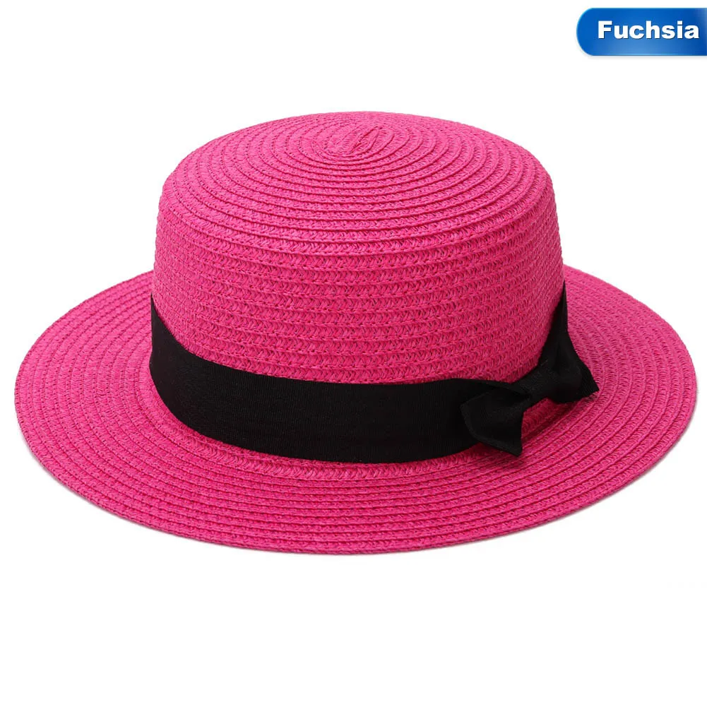 fuchsia Женская шляпа от солнца, Соломенная пляжная шляпа с круглым плоским верхом, летние шляпы для женщин, соломенная шляпа, Snapback Gorras - Цвет: fuchsia