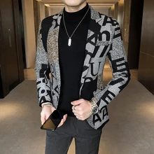 2021 Letter Print Wool Woolen Blazer Men Winter Men Blazer Casual Suit Jacket Slim Party Club Wedding Social Blazer Homme S-5XL