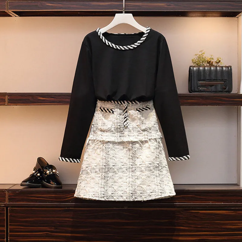 

Autumn 2 Piece Set Women Tweed Woven trim Patchwork Black Tshirt + High Waist Tweed A-Line Plaid Skirts Suit