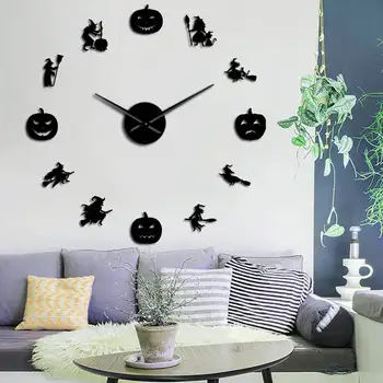 

Witch with Broomstick Silhouette Giant DIY Wall Clock Halloween Wall Art Decor Gift Fairy Tale And Pumpkins Mirror Effect Watch