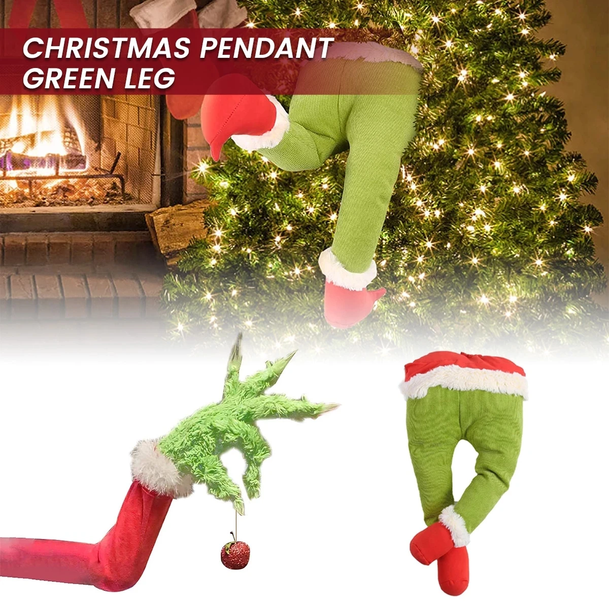 Brazo Soporte de Adorno de Brazo de Grinch Verde Peludo para Fiesta de Navidad en casa Adorno de Brazo y Cabeza Verde para el árbol de Navidad