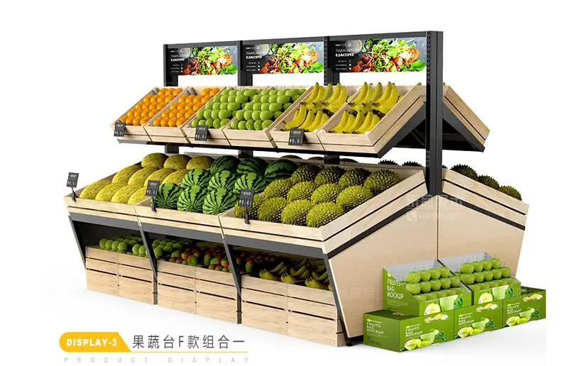 Wooden high-grade fruit shelves display shelves supermarket vegetables and fruit shelves fruit shop fruit shelves customized product、oem odm customized supermarket retail store wooden shelves single sided display stand