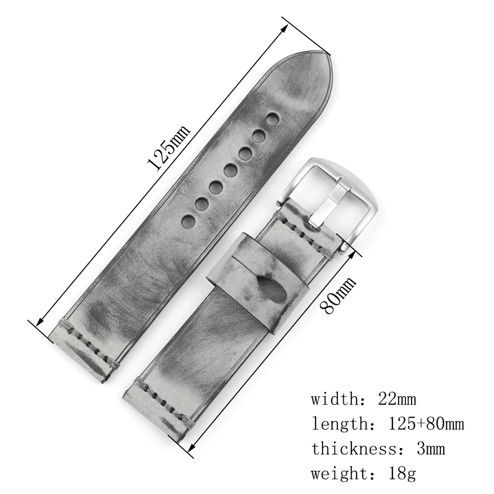 22mm Vintage Matte Polished Leather Watch Strap Handmade Stitching Grey Special Brushed Watchband for Replacement Belt