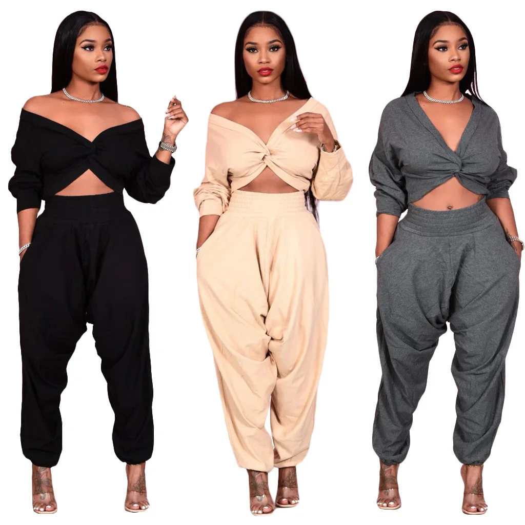 

Solid Color Tracksuit Fashion Long Sleeve Cross Deep V Neck Crop Tops And High Waist Elastic Loose Pants 2 Piece Set Plus Size