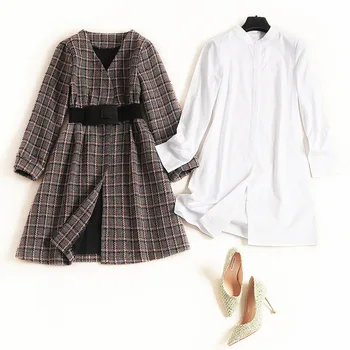 

High Quality Runway Designer Autumn Winter Dresses for Women 2019 New Fashion Vestido with White Long Shirt Plaid Woolen Dress