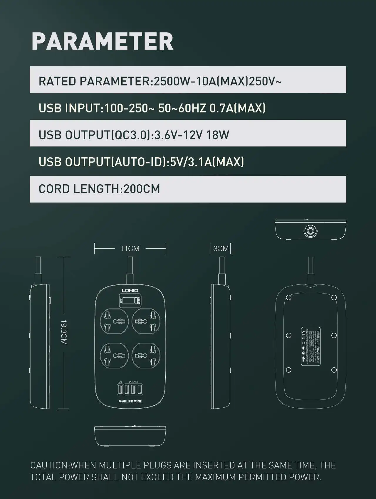 Ldnio Sc4407 Defender Series Power Extension Cord 4 Power Socket 4 Usb 2500W 11