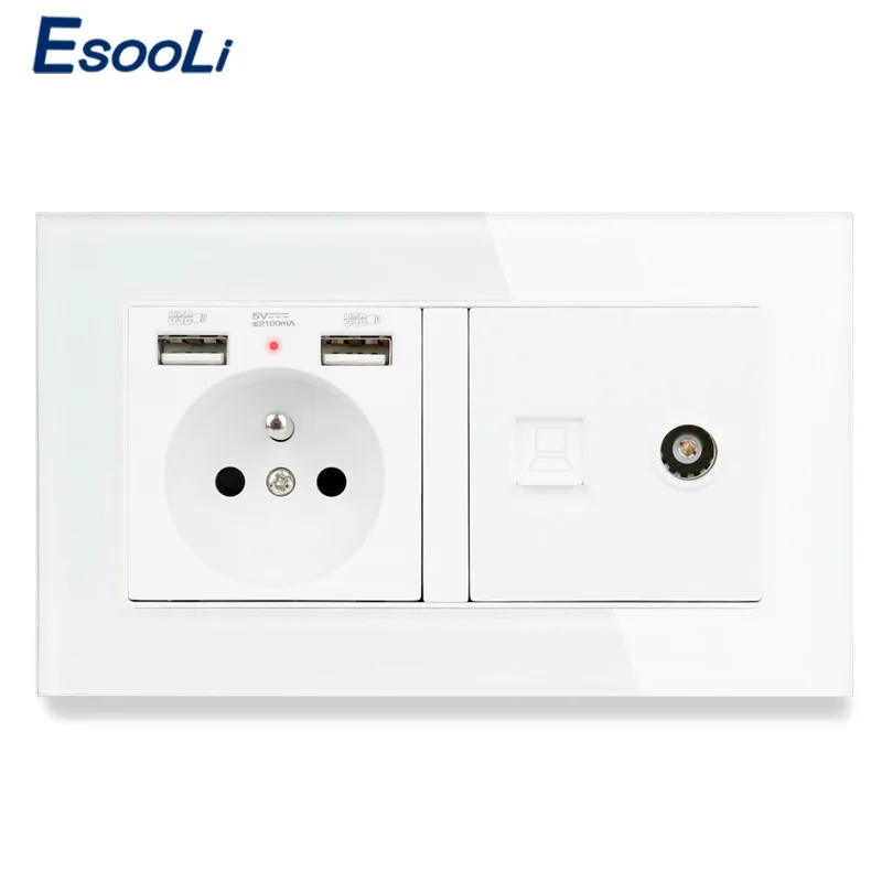 Стеклянная панель ESOOLI французская стандартная электрическая розетка с 2 USB + RJ45