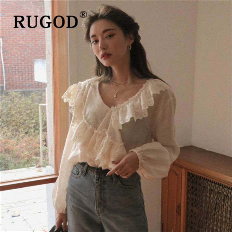 RUGOD Корейская кружевная женская блуза с оборками элегантная Однотонная рубашка v