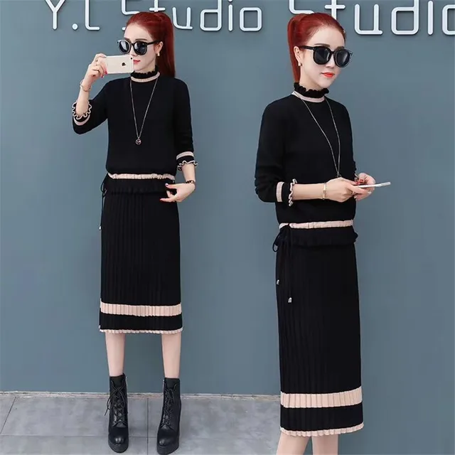 US $33.84 2019 new Women Long Sleeve Turtleneck Pullover Sweater + Split Pencil Skirt Set Lady Runway Knittin