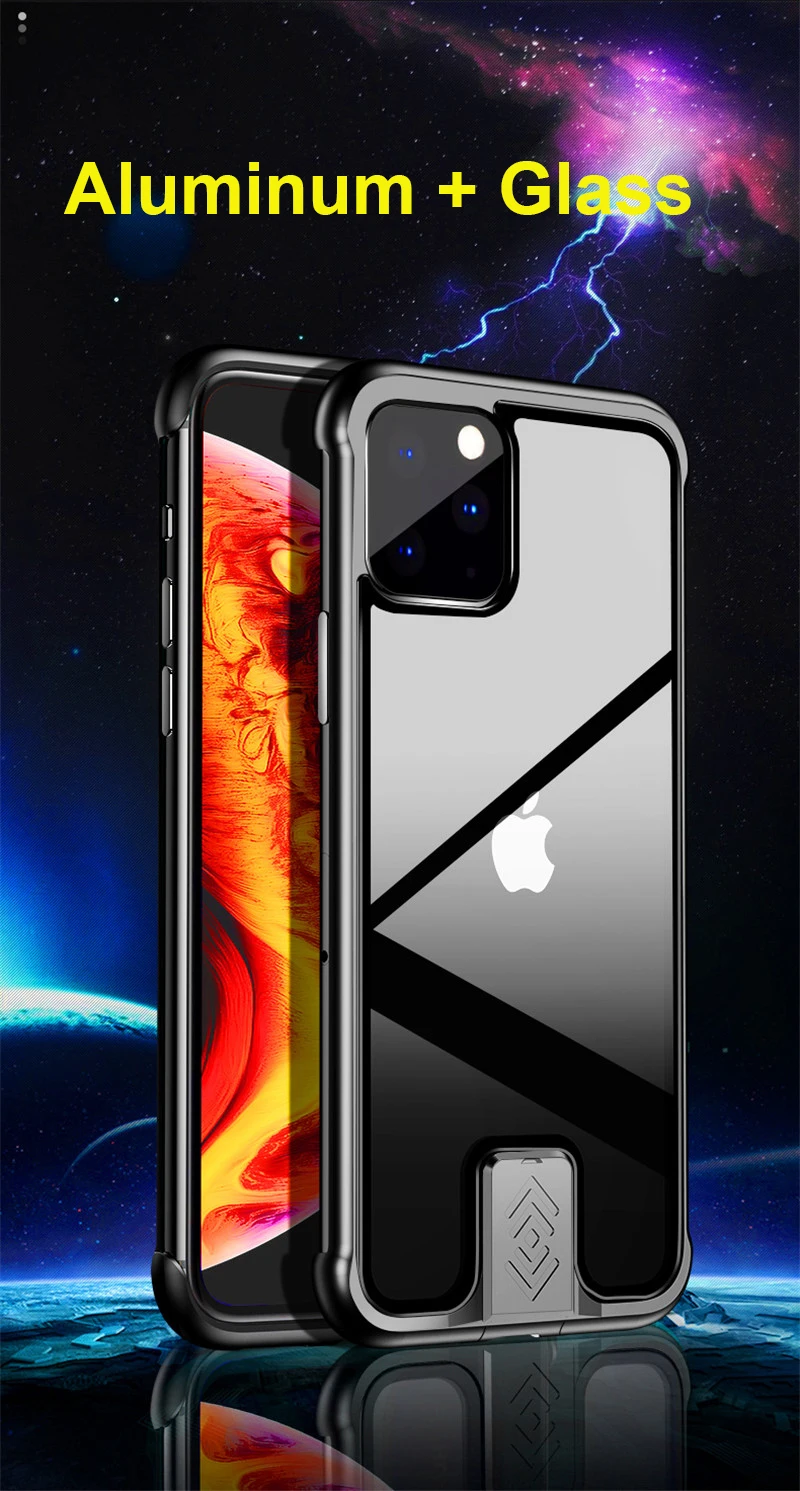 Пуш-ап металлический чехол для телефона для iPhone 11 чехол прозрачная задняя крышка из закаленного стекла безрамочный чехол для iPhone 11 Pro Max Funda