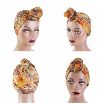 

For Ladies Hijab Turban Balinese Tie Dyed Ball Scarf Hat National Wind Knot Cap Women Wrap Printing Fashion Muslin Headband