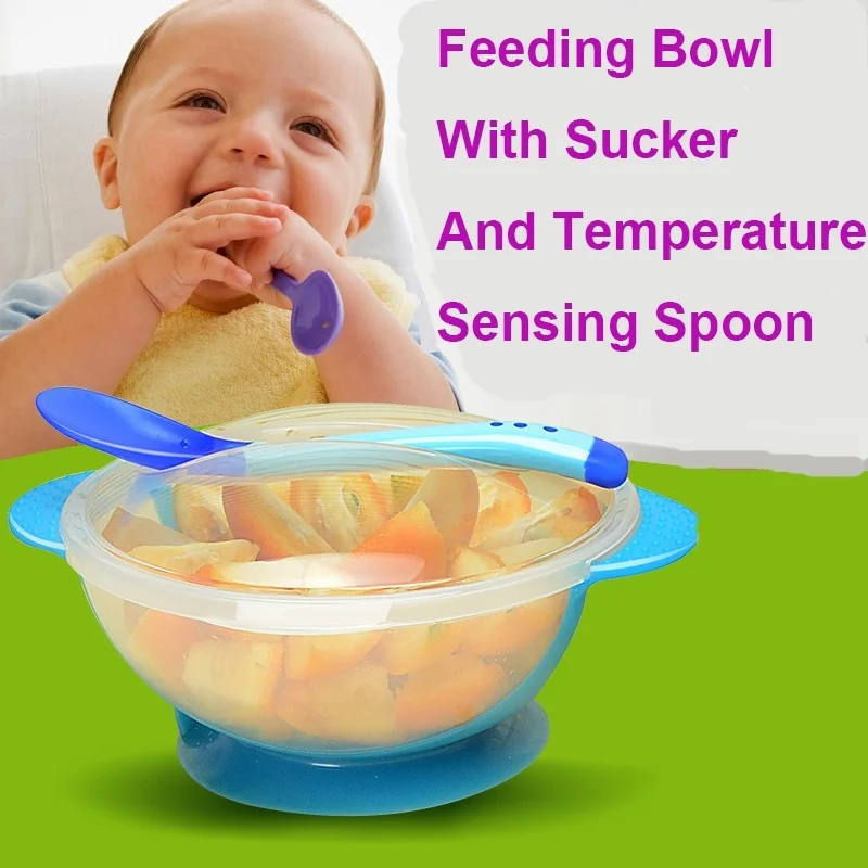 

1 set 3 Colors Random Baby PP Slip-Resistant Feeding Bowl With Sucker And Temperature Sensing Spoon