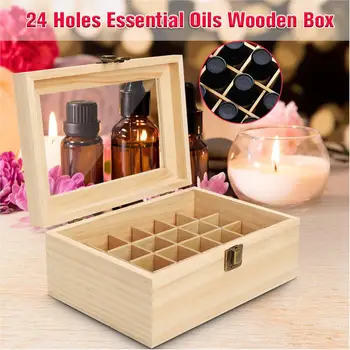 

Essential Oils Box 24 Slots Clear Window Aromatherapy Storage Organizer 5ml-15ml Bottles Solid Pine Wood Case Holder Container