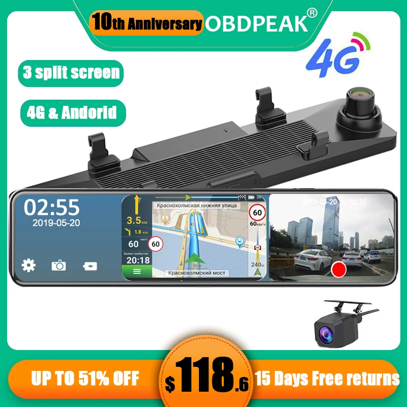 4G Android 12 &quotАвтомобильный видеорегистратор зеркало заднего вида GPS навигация ADAS
