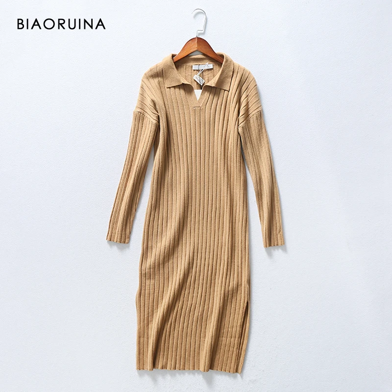 

BIAORUINA 5 Color Women's Solid Vintage Elegant Knit Dress Female Keep Warm Fashion Dress Vestidos Turn-down Collar One Size