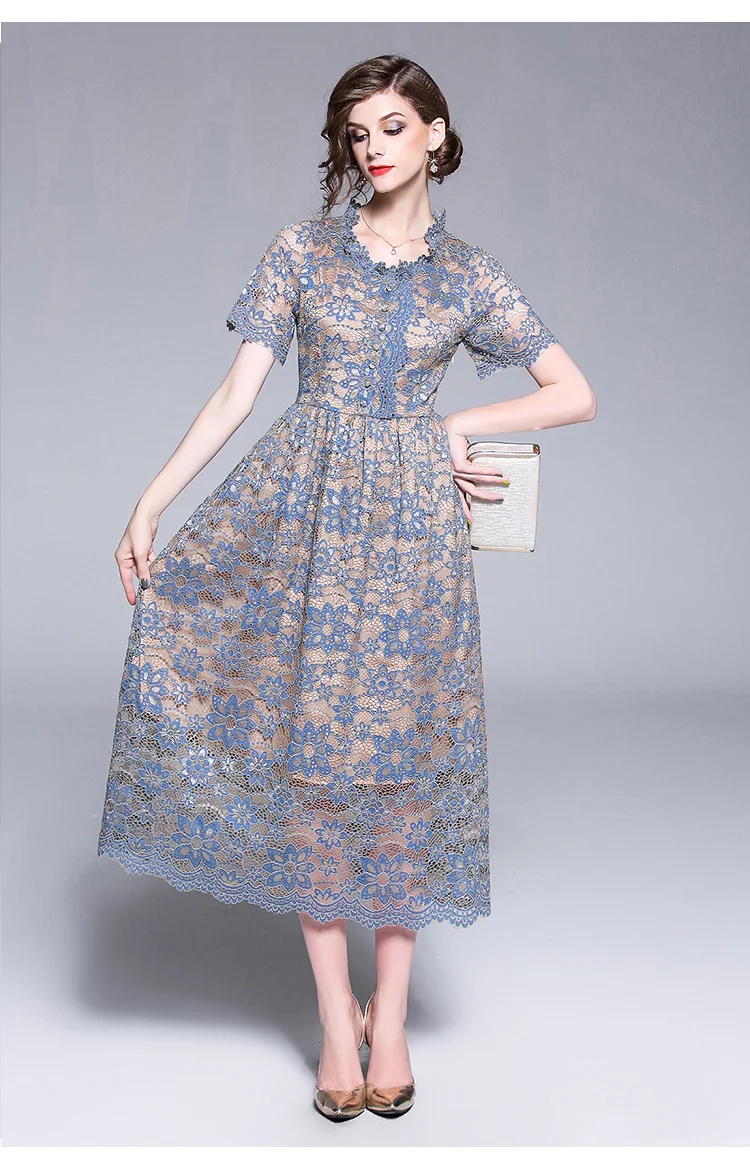 Ozhouzhan летнее Новое Стильное модное кружевное вязаное платье средней длины с большим подолом для похудения