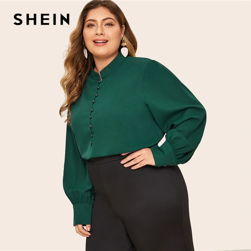 SHEIN плюс размер зеленый длинный рукав Бишоп кнопка спереди блузка женская весна осень элегантное, со стоячим воротником abaya плюс блузки