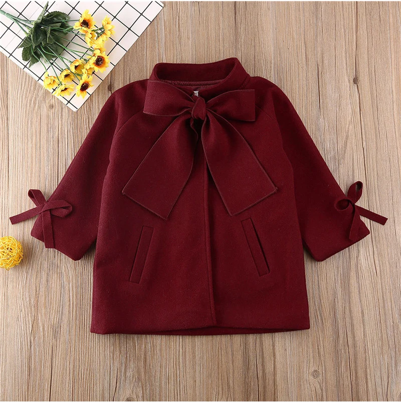 2-8T Toddler Kids Baby Girls Clothes Winter Warm Wool Bowknot Fashion Coat Overcoat Outwear Elegant Jacket Outfits Streetwear