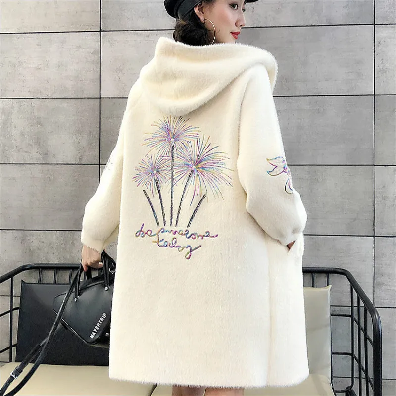 

Women Cardigans Mink Cashmere Sweater Autumn Winter Medium Length Sweaters Tops High Quality Cardigans Coat With Cap and Pocket