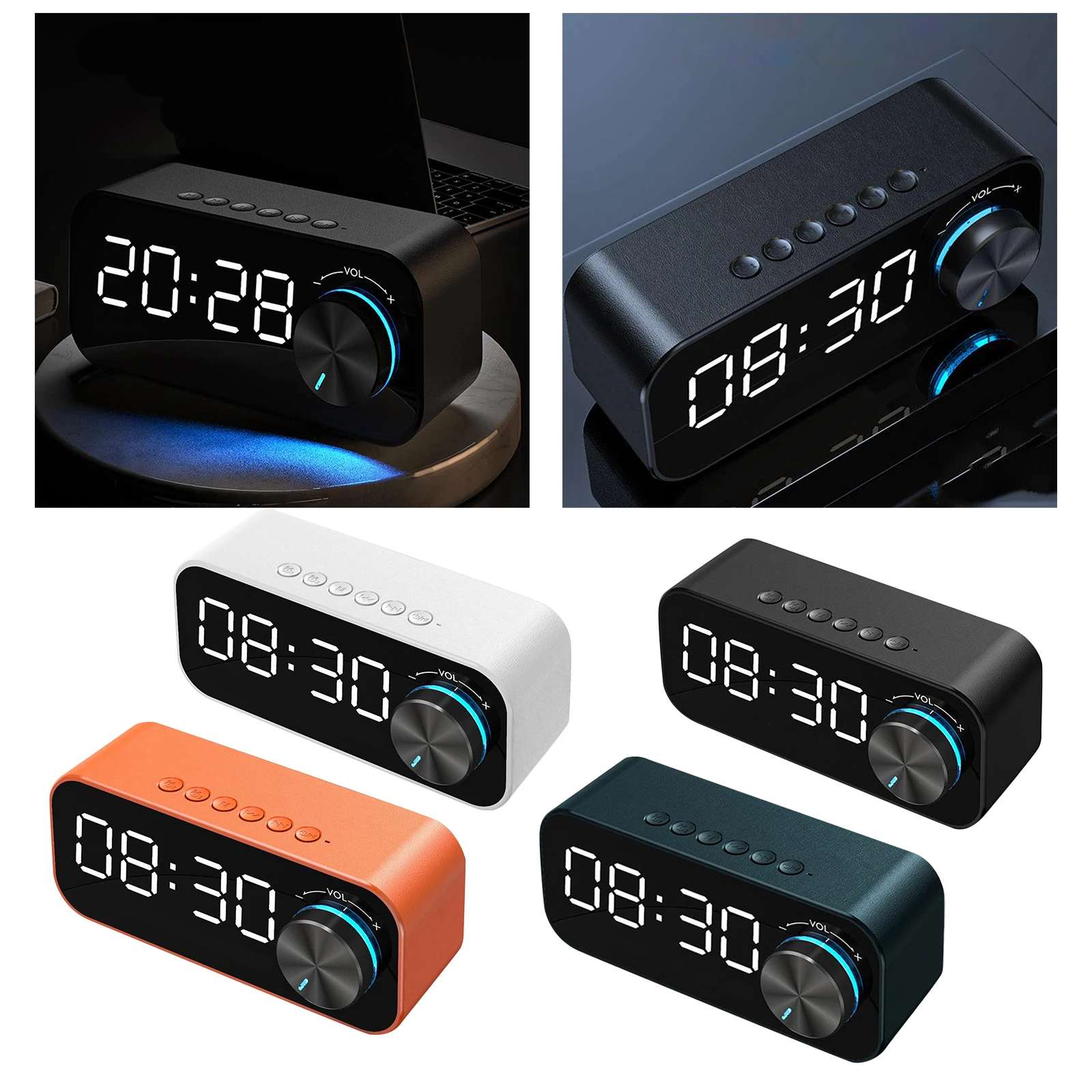 LED Dual Alarm Clock Bluetooth Stereo Speaker USB TF Card Desktop Bedside