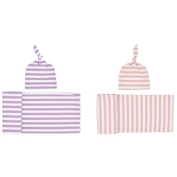 

2set Knitted Baby Swaddle Blanket with Hat Set, Newborn Swaddle Wrap Receiving Blankets(Flesh Pink Stripe&Purple Stripe)