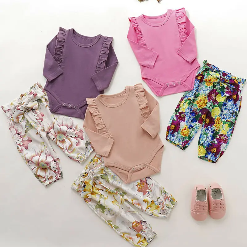 

Cute Newborn Fashion Infant Baby Girl Long Sleeve Romper Bodysuit Pants Outfit Autumn Clothes Long Sleeve Tops Bow Floral