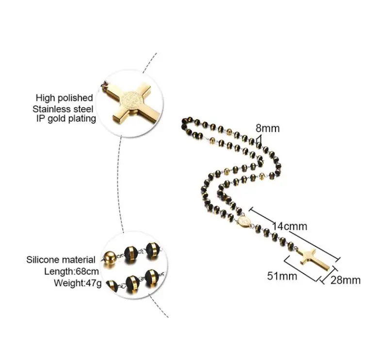 30" 8MM Stainless Steel Rosary Beads Necklace Black and Gold Color with Holy Jesus Christ Crucifix Cross Pendant 5