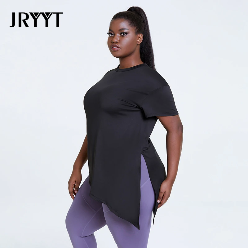 JRYYT Plus Size 4XL Activewear Workout Tops Women Side Split Open Back Yoga Shirt Female Fitness Gym Sport T-shirt Ladies 2021