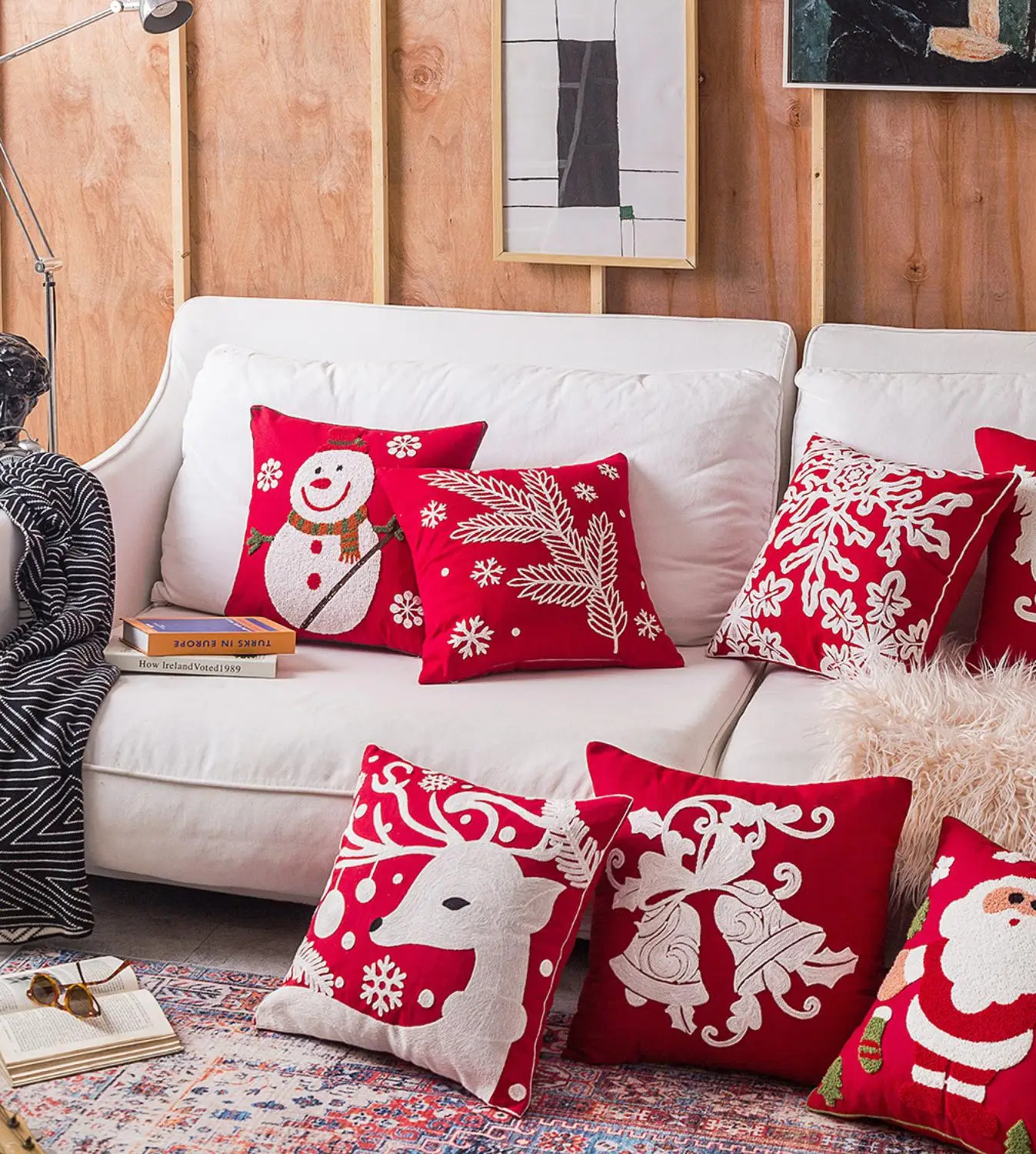 

3D Embroidery Christmas Cushion Cover Snowman Elk Santa Bell Home Decor Pillow Cover Christmas Gift Sofa Car Throw Pillow Case