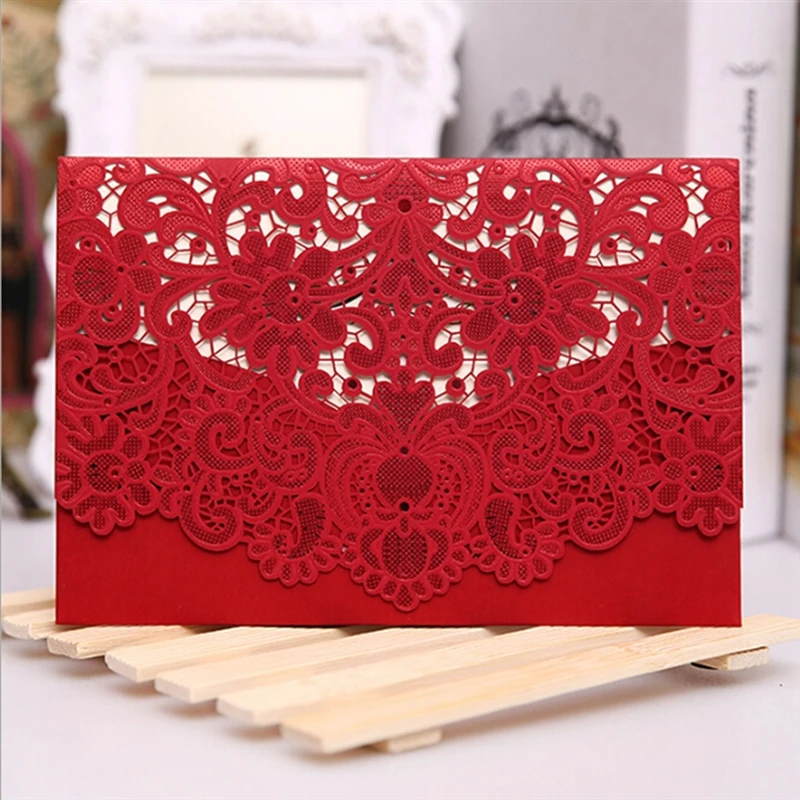  1Set Gold Red Laser Cut Luxury Flora Wedding Invitations Card Elegant Lace Favor Print Envelopes We - 4.00047E+12