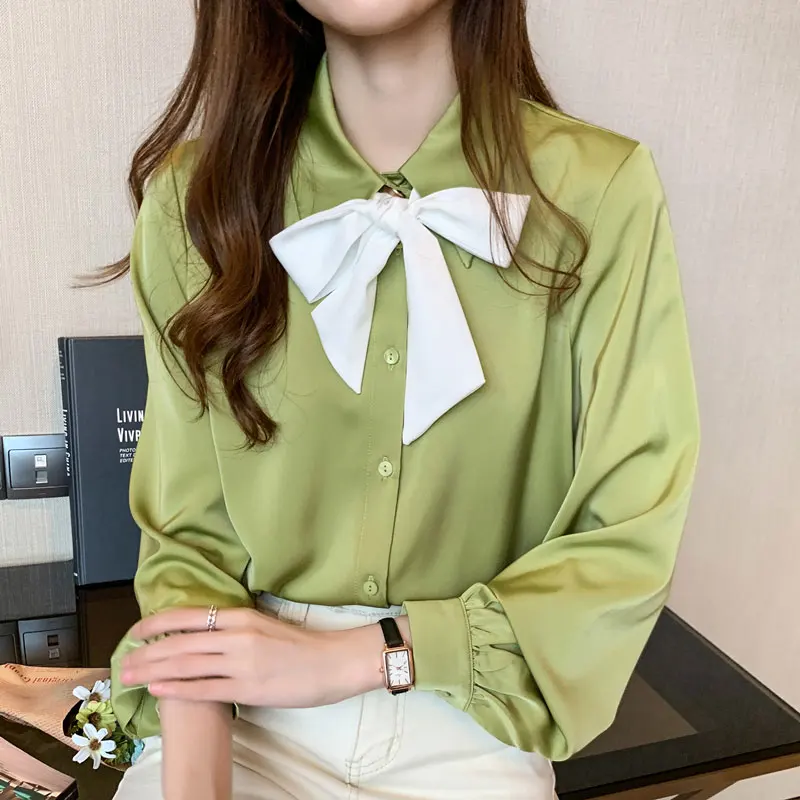 Зеленая блузка женская мода 2020 рубашка одежда корейский стиль длинный рукав Топ