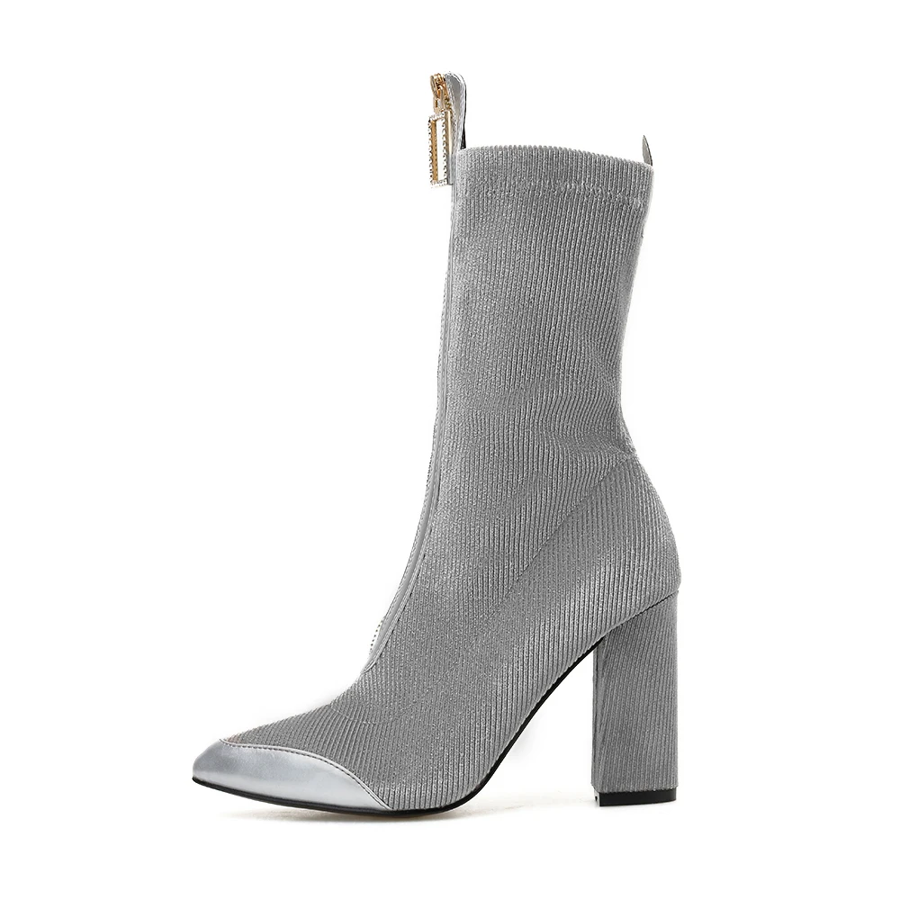 NIUFUNI Stretch Fabric Suede Socks Pointed Toe Women's Mid-Calf Boots Zip High Heels Motorcycle Boots Women's Shoes Bottes Femme